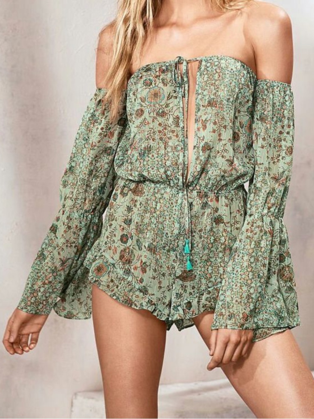 Victoria's Secret Off-Shoulder Floral beach cover up Romper in Mint Green